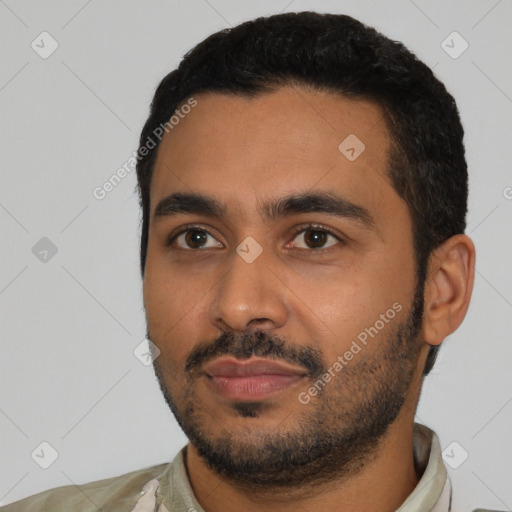 Neutral latino young-adult male with short  black hair and brown eyes