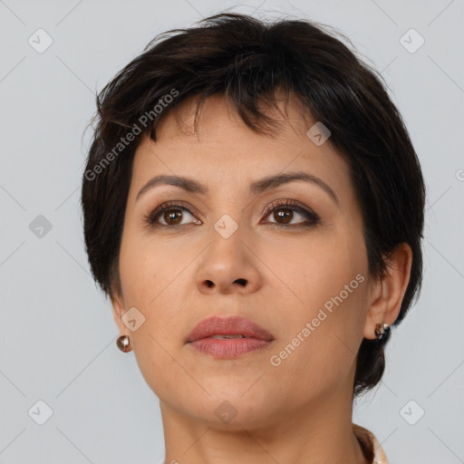 Neutral asian young-adult female with medium  brown hair and brown eyes