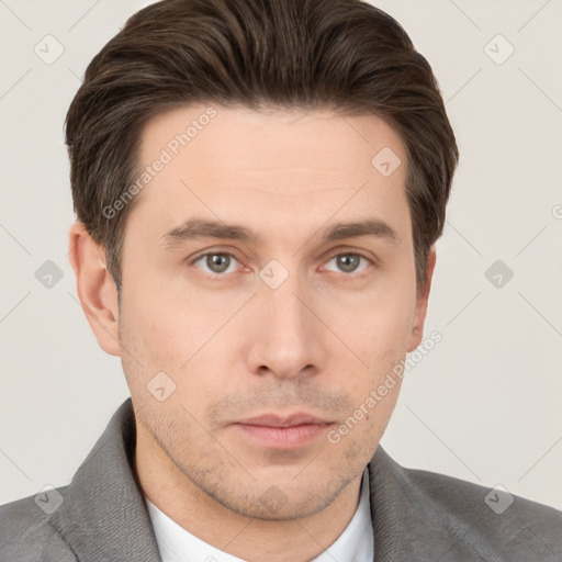 Neutral white young-adult male with short  brown hair and brown eyes