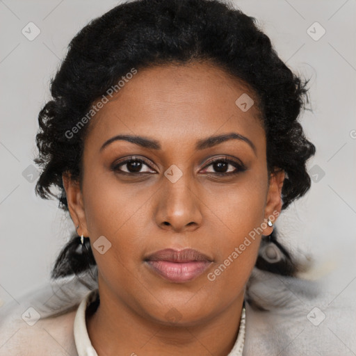 Neutral black young-adult female with short  brown hair and brown eyes