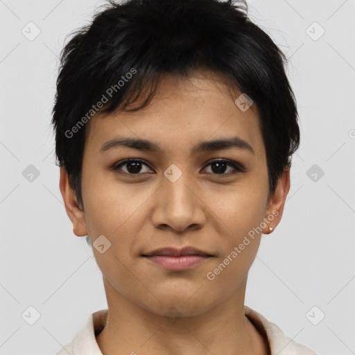 Joyful asian young-adult female with short  black hair and brown eyes