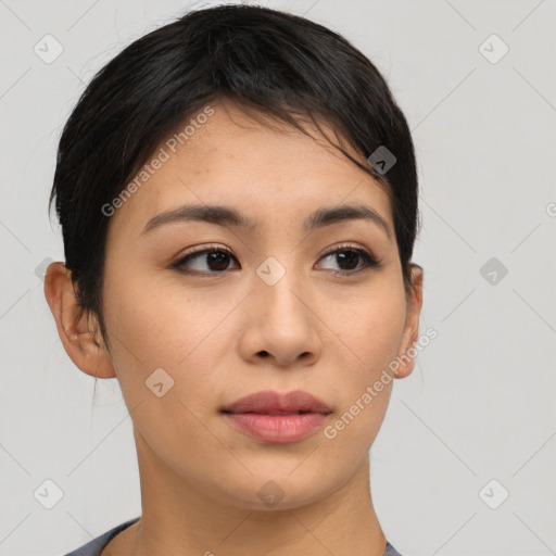 Neutral asian young-adult female with short  brown hair and brown eyes