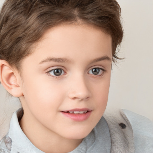 Joyful white child female with short  brown hair and brown eyes