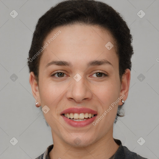 Joyful white young-adult female with short  brown hair and brown eyes