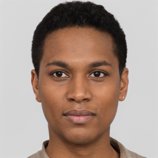 Neutral black young-adult male with short  black hair and brown eyes