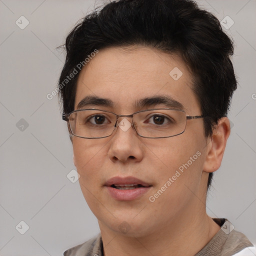 Joyful asian young-adult female with short  brown hair and brown eyes