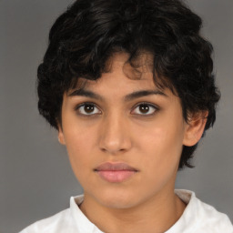 Neutral white young-adult female with short  brown hair and brown eyes