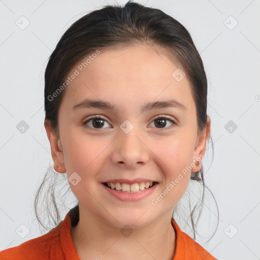 Joyful white child female with medium  brown hair and brown eyes