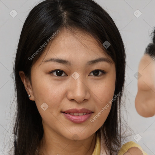 Joyful asian young-adult female with medium  brown hair and brown eyes