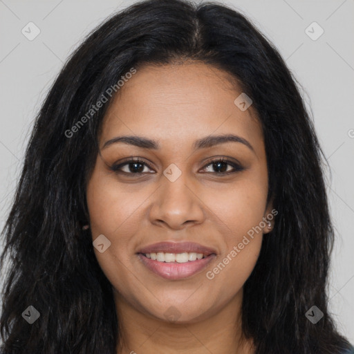 Joyful latino young-adult female with long  brown hair and brown eyes