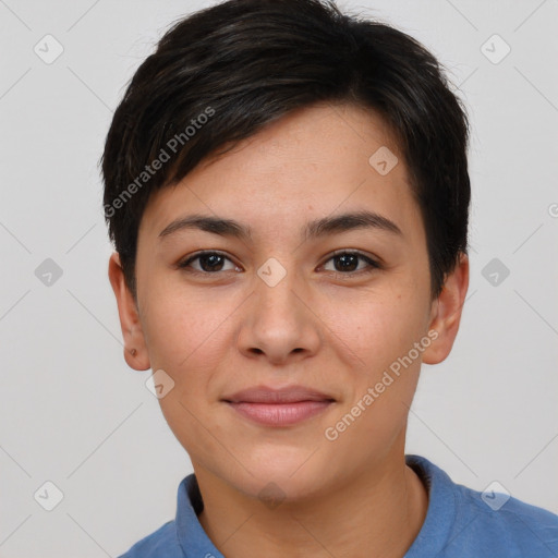 Joyful asian young-adult female with short  brown hair and brown eyes