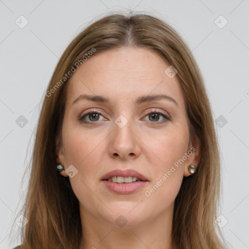 Joyful white young-adult female with long  brown hair and grey eyes