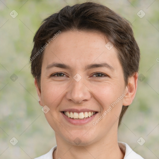 Joyful white young-adult female with short  brown hair and brown eyes