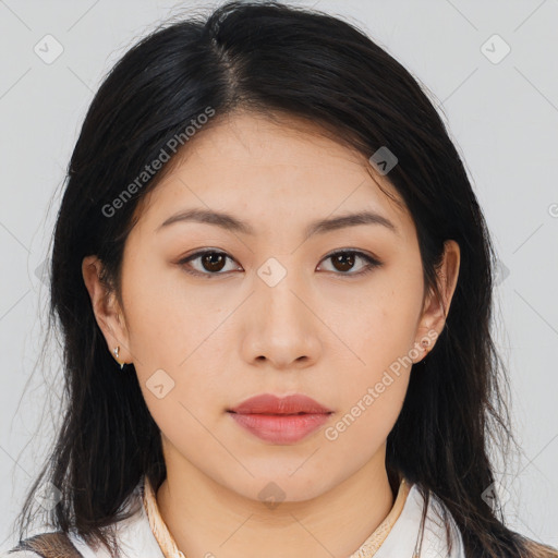 Neutral asian young-adult female with medium  brown hair and brown eyes