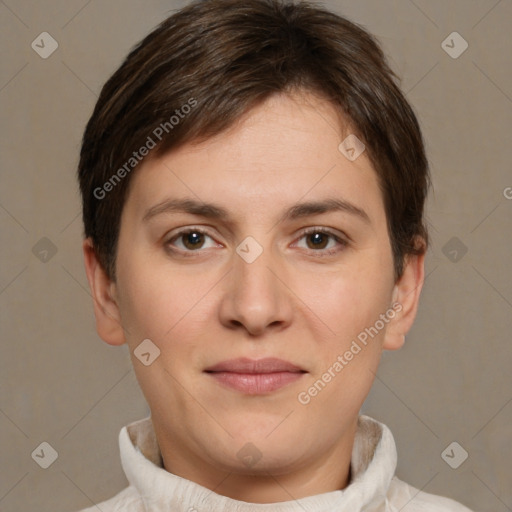 Joyful white young-adult female with short  brown hair and brown eyes