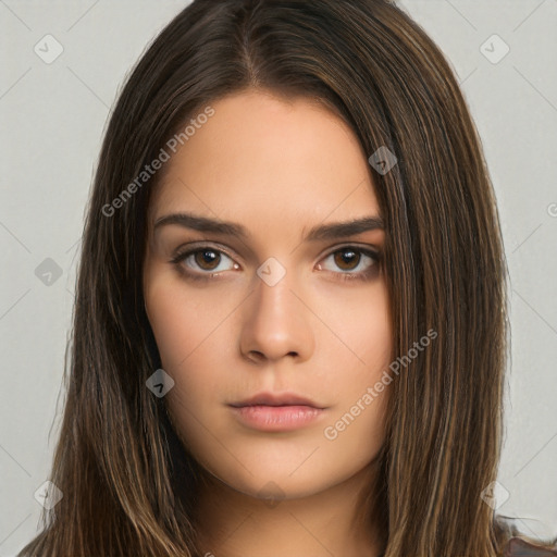 Neutral white young-adult female with long  brown hair and brown eyes