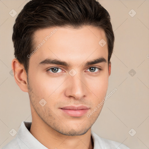 Neutral white young-adult male with short  brown hair and brown eyes