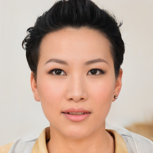 Neutral asian young-adult female with short  brown hair and brown eyes