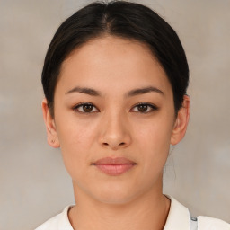 Neutral asian young-adult female with short  black hair and brown eyes