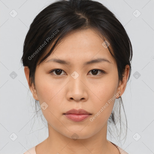 Neutral asian young-adult female with medium  brown hair and brown eyes