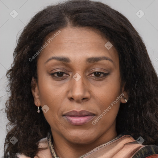 Joyful latino adult female with medium  brown hair and brown eyes