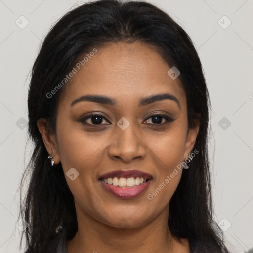 Joyful latino young-adult female with long  brown hair and brown eyes