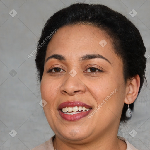 Joyful latino young-adult female with short  brown hair and brown eyes