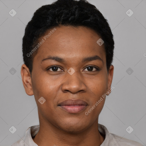 Joyful black young-adult female with short  black hair and brown eyes