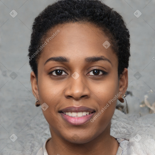 Joyful black young-adult female with short  brown hair and brown eyes