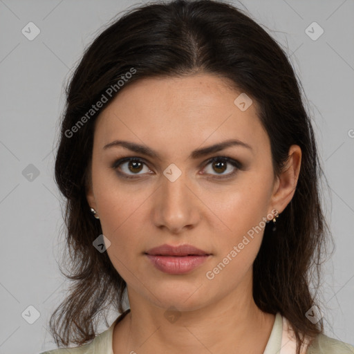 Neutral white young-adult female with medium  brown hair and brown eyes