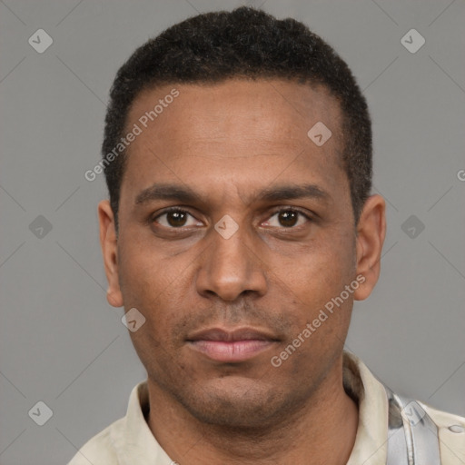 Neutral black adult male with short  black hair and brown eyes