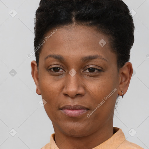 Neutral black young-adult female with short  brown hair and brown eyes