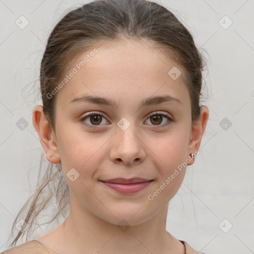 Joyful white child female with medium  brown hair and brown eyes