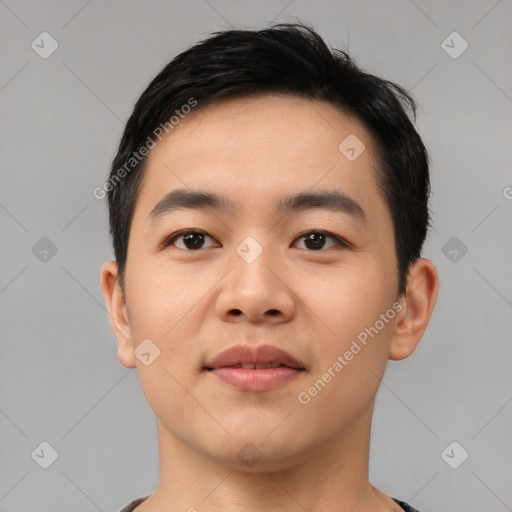 Neutral asian young-adult male with short  black hair and brown eyes