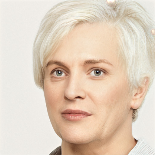 Joyful white adult female with short  blond hair and grey eyes