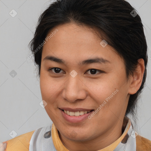 Joyful white young-adult female with medium  brown hair and brown eyes