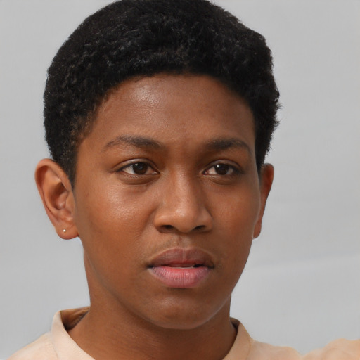 Neutral black young-adult female with short  brown hair and brown eyes
