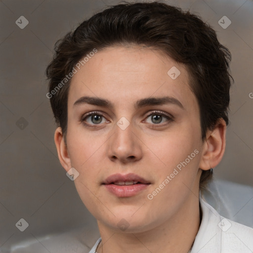 Neutral white young-adult female with short  brown hair and brown eyes