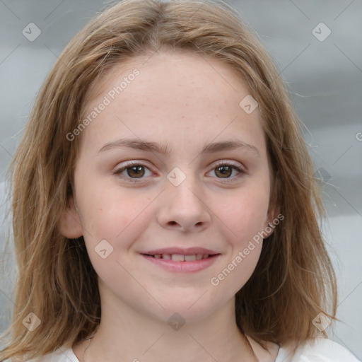 Joyful white young-adult female with medium  brown hair and blue eyes