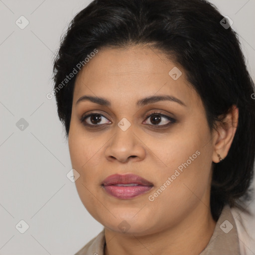 Joyful latino young-adult female with long  brown hair and brown eyes