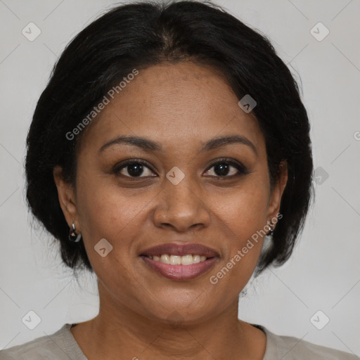 Joyful black adult female with medium  brown hair and brown eyes