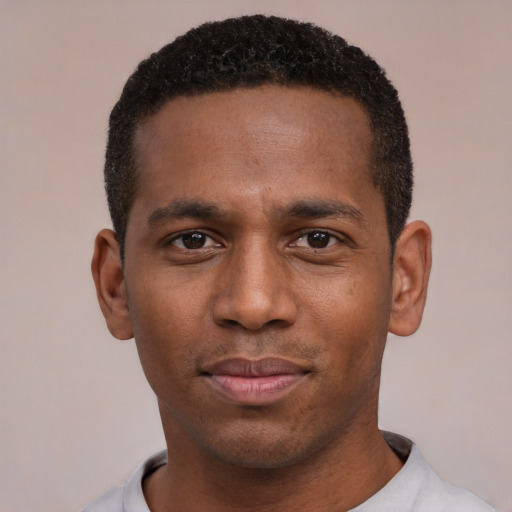 Neutral black young-adult male with short  black hair and brown eyes