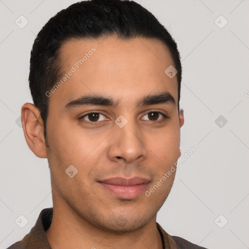 Joyful latino young-adult male with short  brown hair and brown eyes