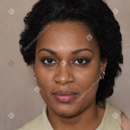 Joyful black young-adult female with medium  black hair and brown eyes