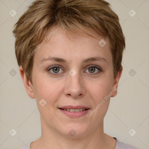 Joyful white young-adult female with short  brown hair and grey eyes