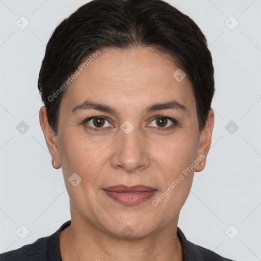 Joyful white adult female with short  brown hair and brown eyes