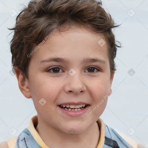 Joyful white child female with short  brown hair and brown eyes