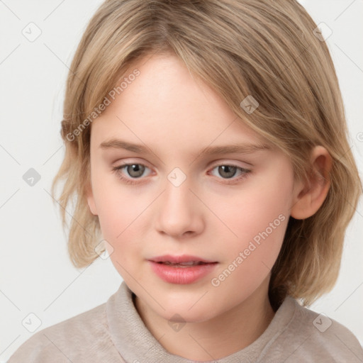 Neutral white child female with medium  brown hair and grey eyes