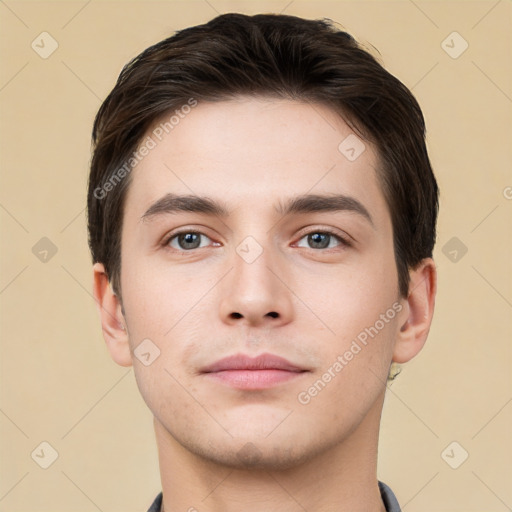 Neutral white young-adult male with short  brown hair and brown eyes