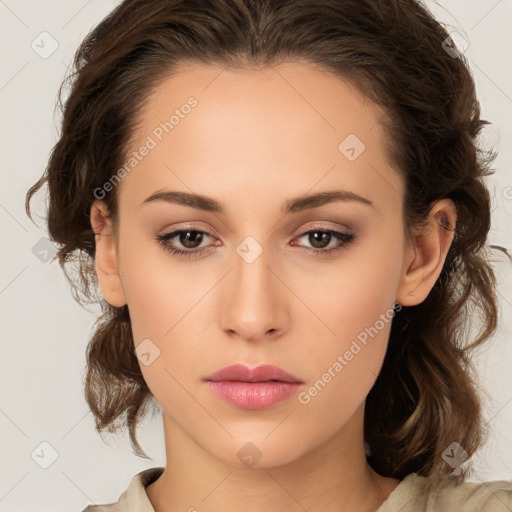 Neutral white young-adult female with medium  brown hair and brown eyes